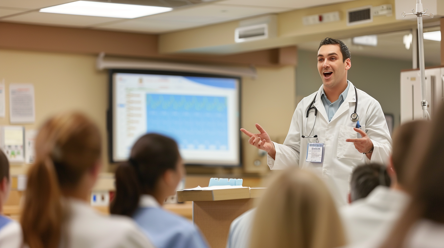 A nursing male instructor teaches a group of enthusiastic nurses about diet meal plan techniques in a hospital room, informative lecture, on a platform, educational setting, pointing to a flip chart positioned in the background, he is not wearing stethoscope.