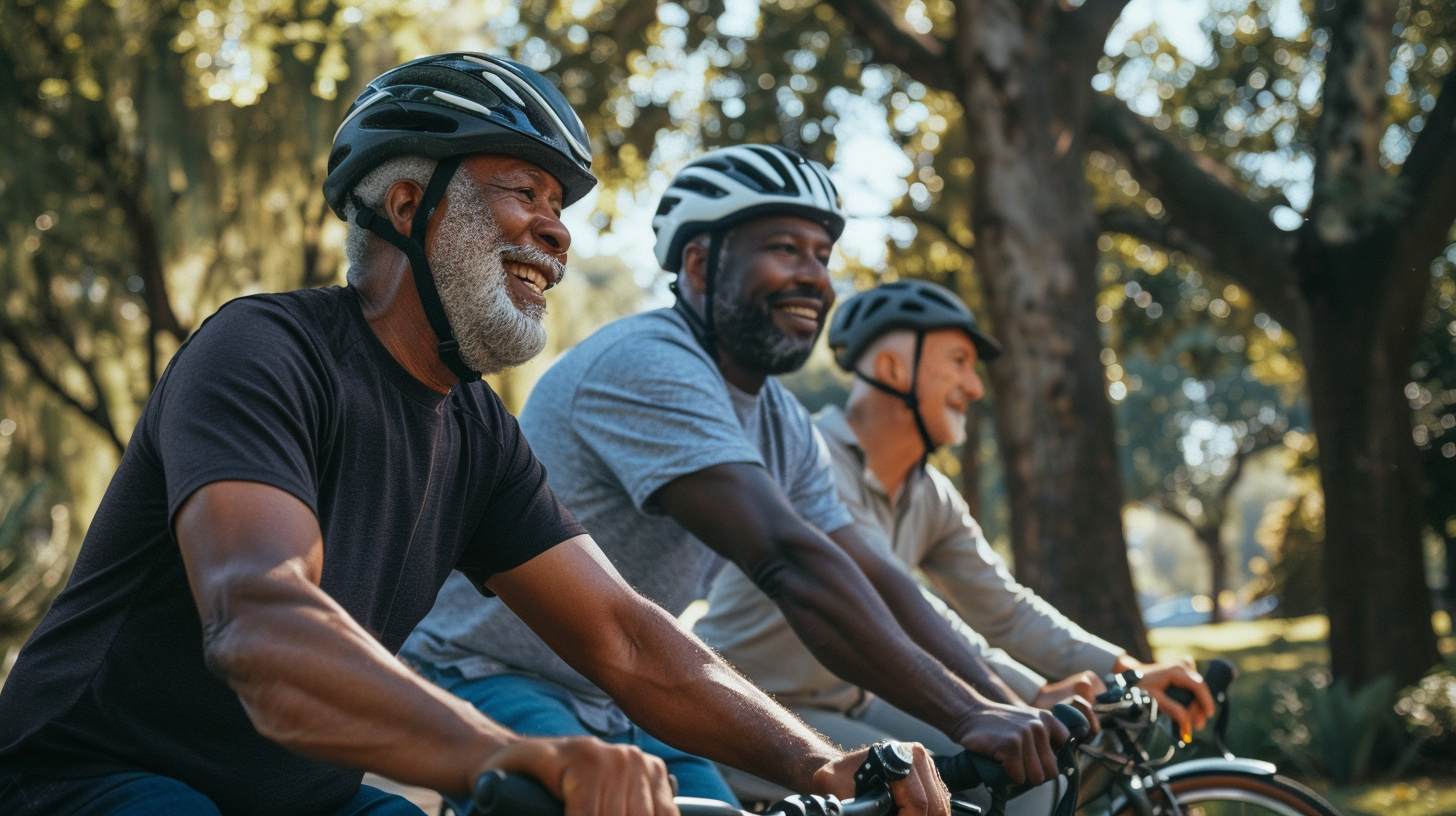 A group of men riding a bike.