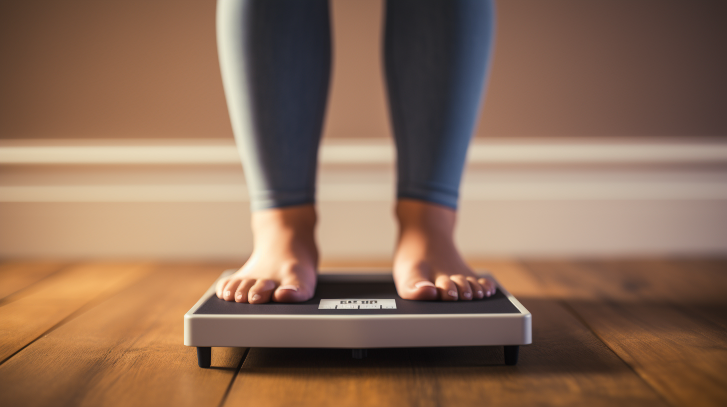 A woman standing in a weighing scale.