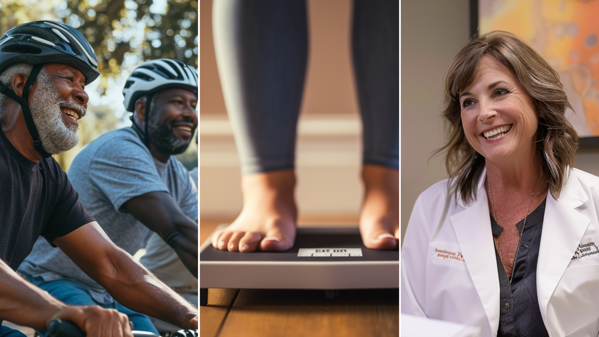 A group of men riding a bike, a woman standing on a weighing scale, and a medical doctor.