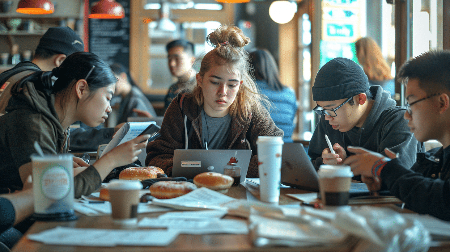 a diverse group of students deeply engrossed in the task, surrounded by scattered papers, pens, laptops, donuts, pizza, and coffee inside of a coffee shop.