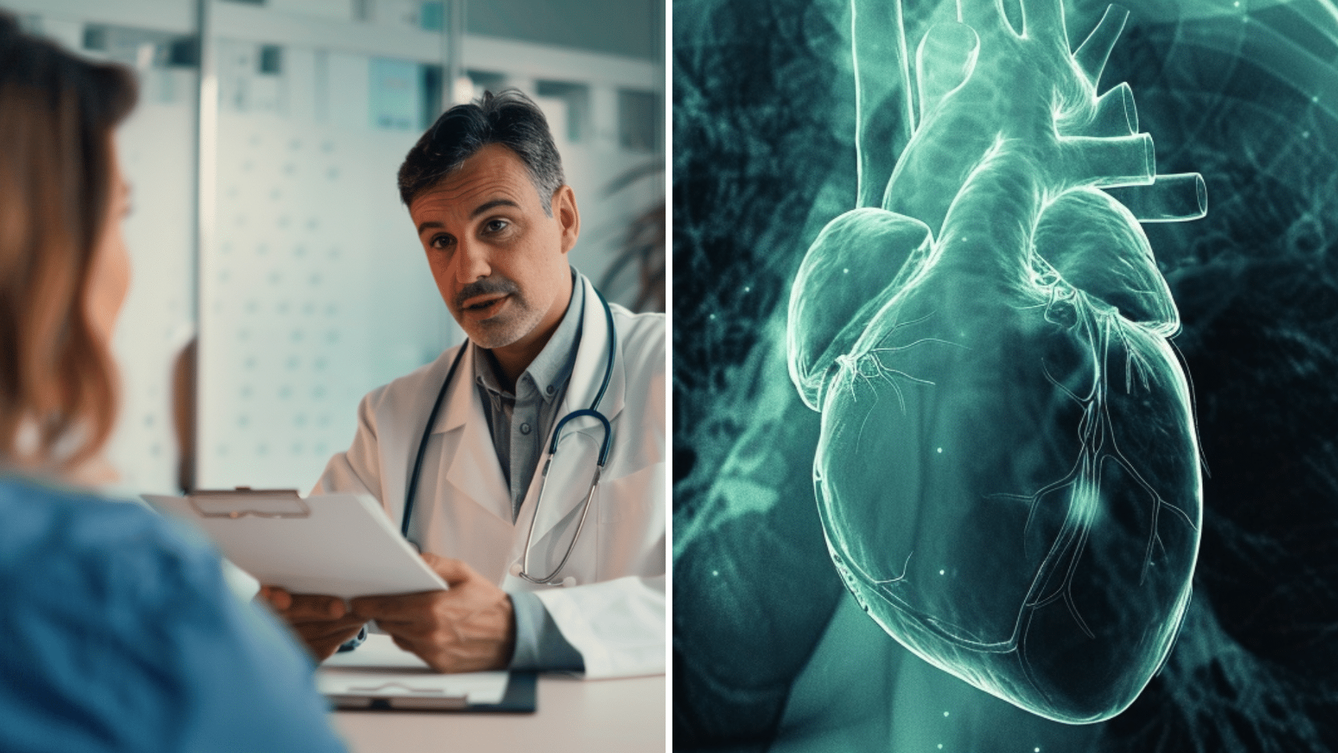 A doctor talking with patient and a healthy human heart.