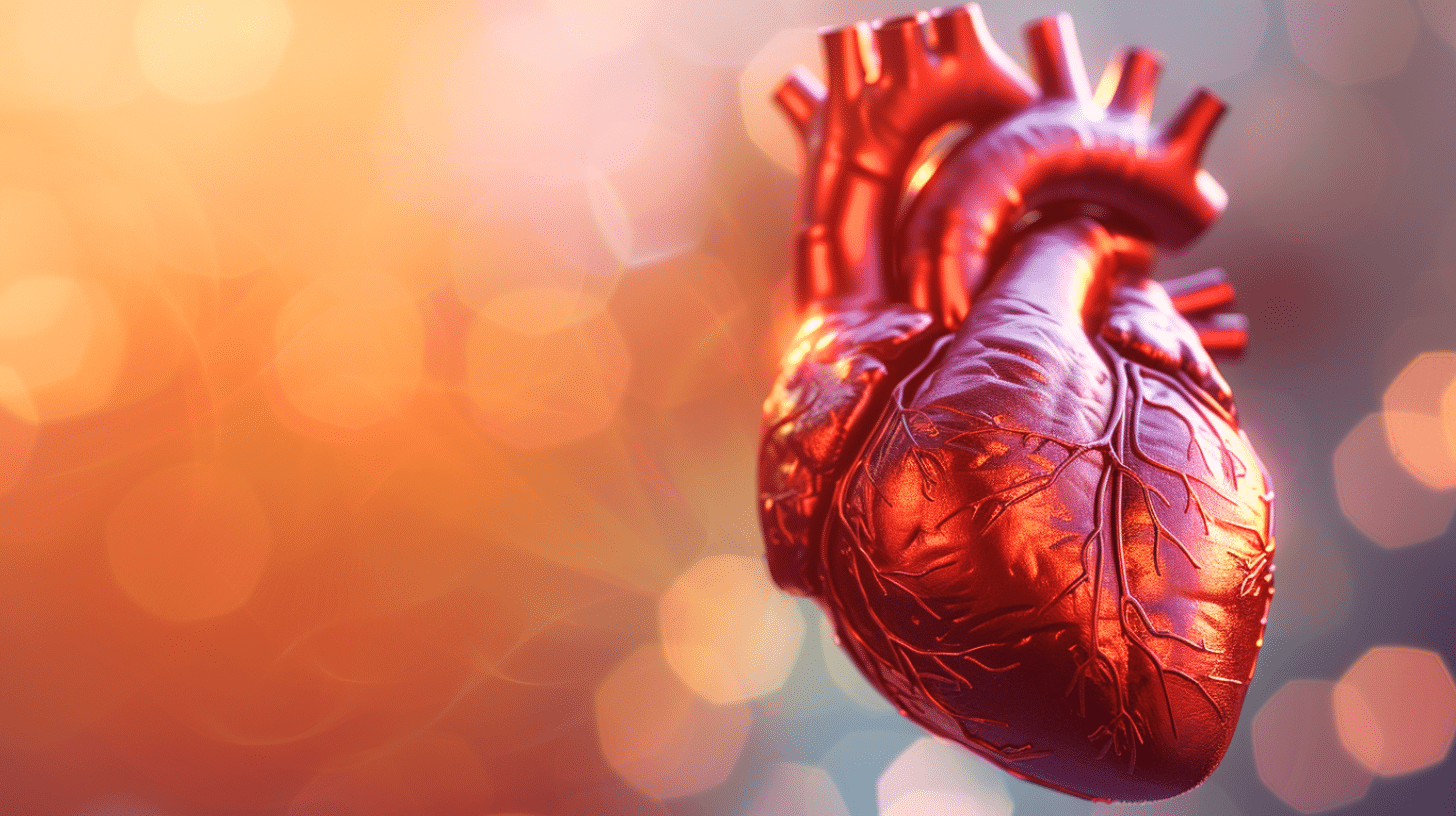 A 3D rendering image of a human heart.