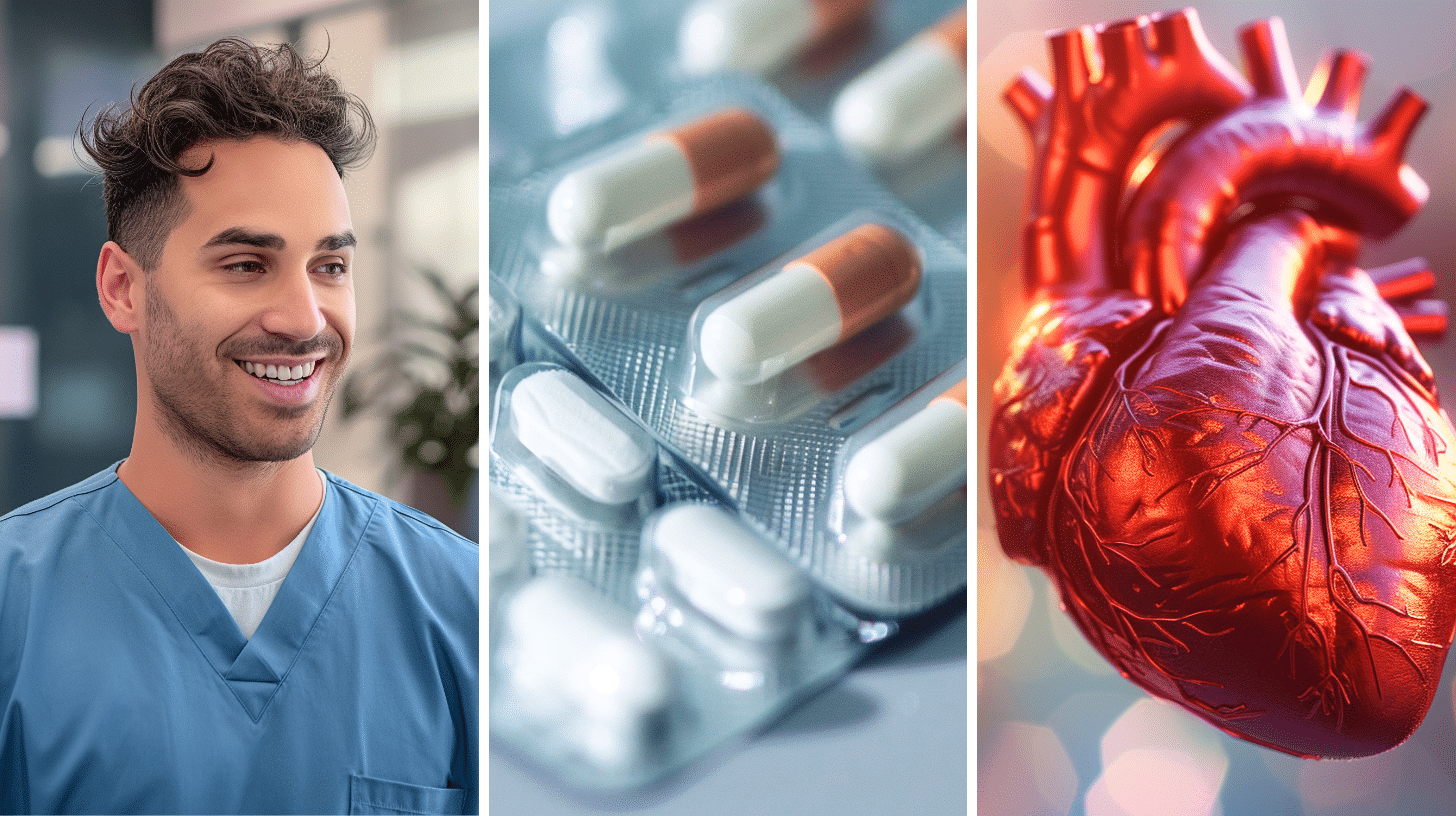 A clinic staff, medications, and 3D rendering image of a human heart.