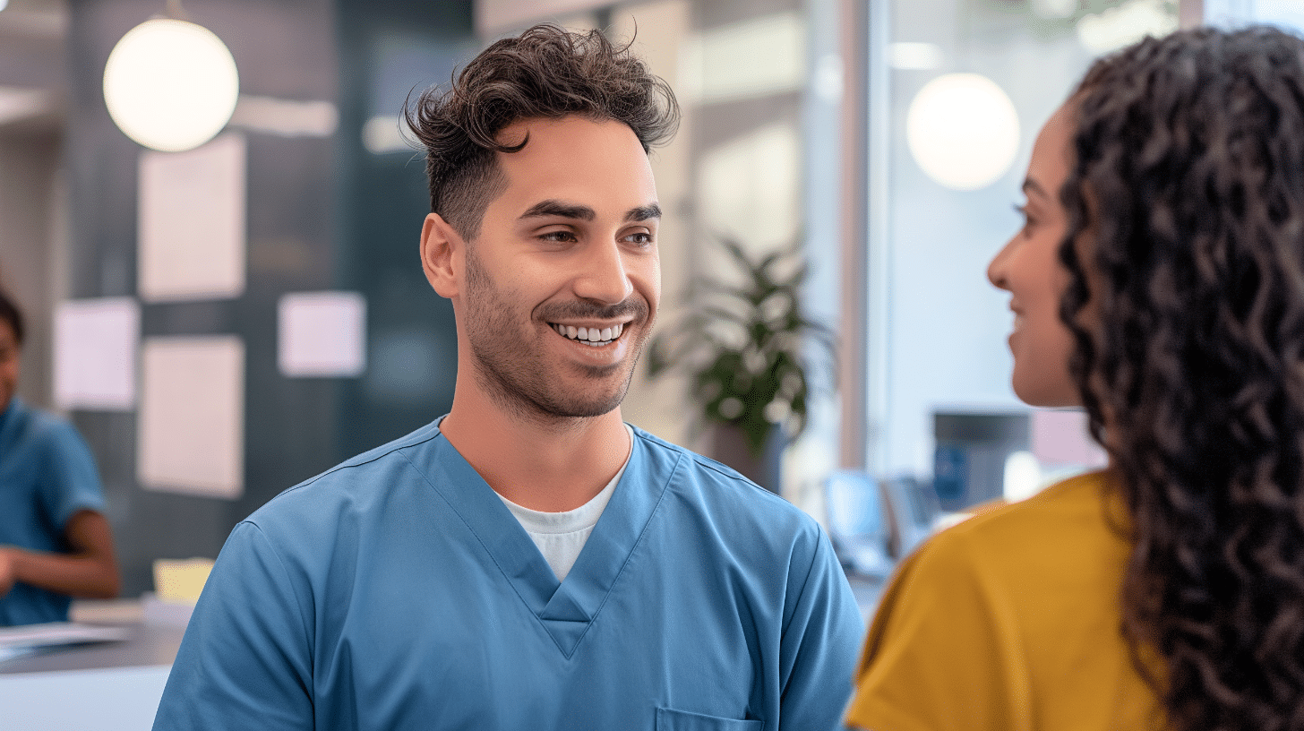 A clinic staff engaged in a conversation with a patient.