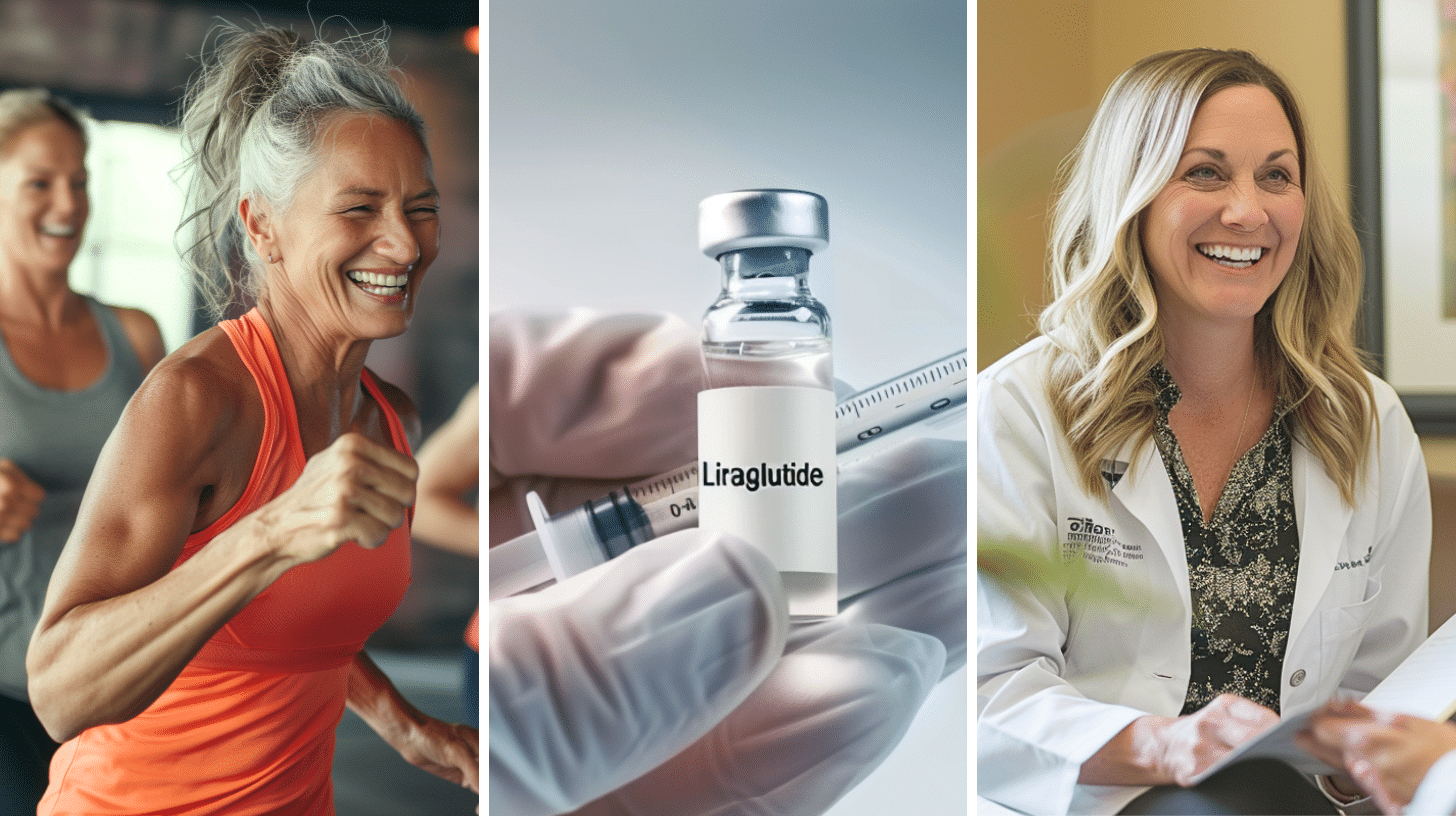 A Hispanic woman in her 50's doing aerobics exercises in a studio, a medication, and a medical staff.