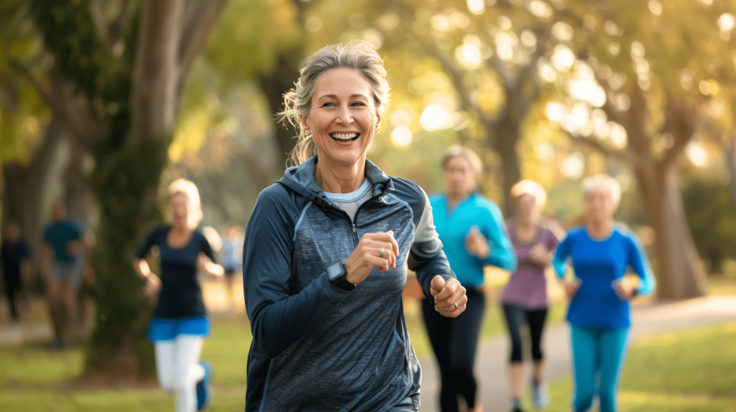 A woman in her 40's jogging outside in the park.