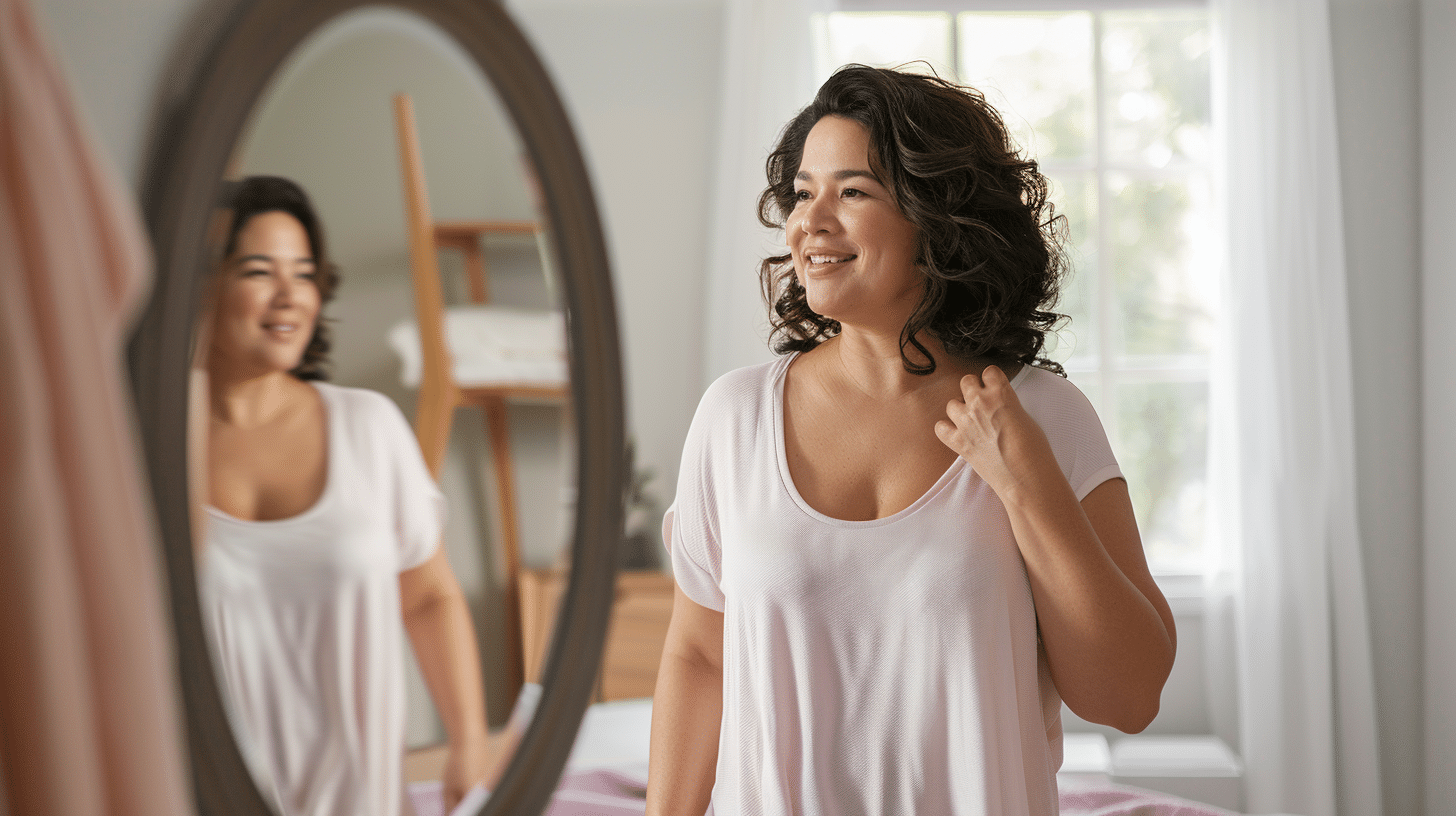 A Hispanic woman looking and admiring herself in the mirror.