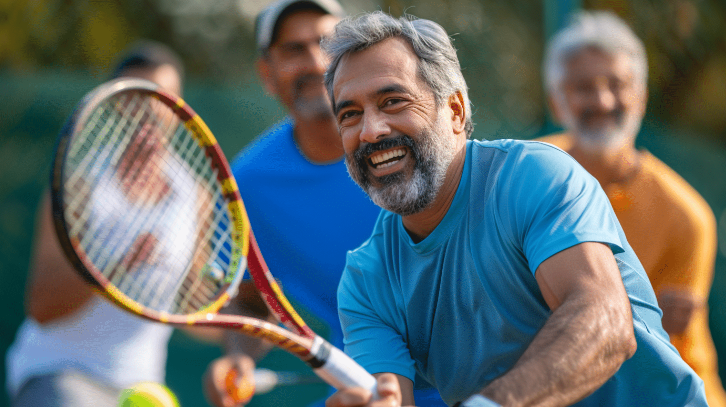 A healthy and active Hispanic man in his 50's playing tennis with his friends.