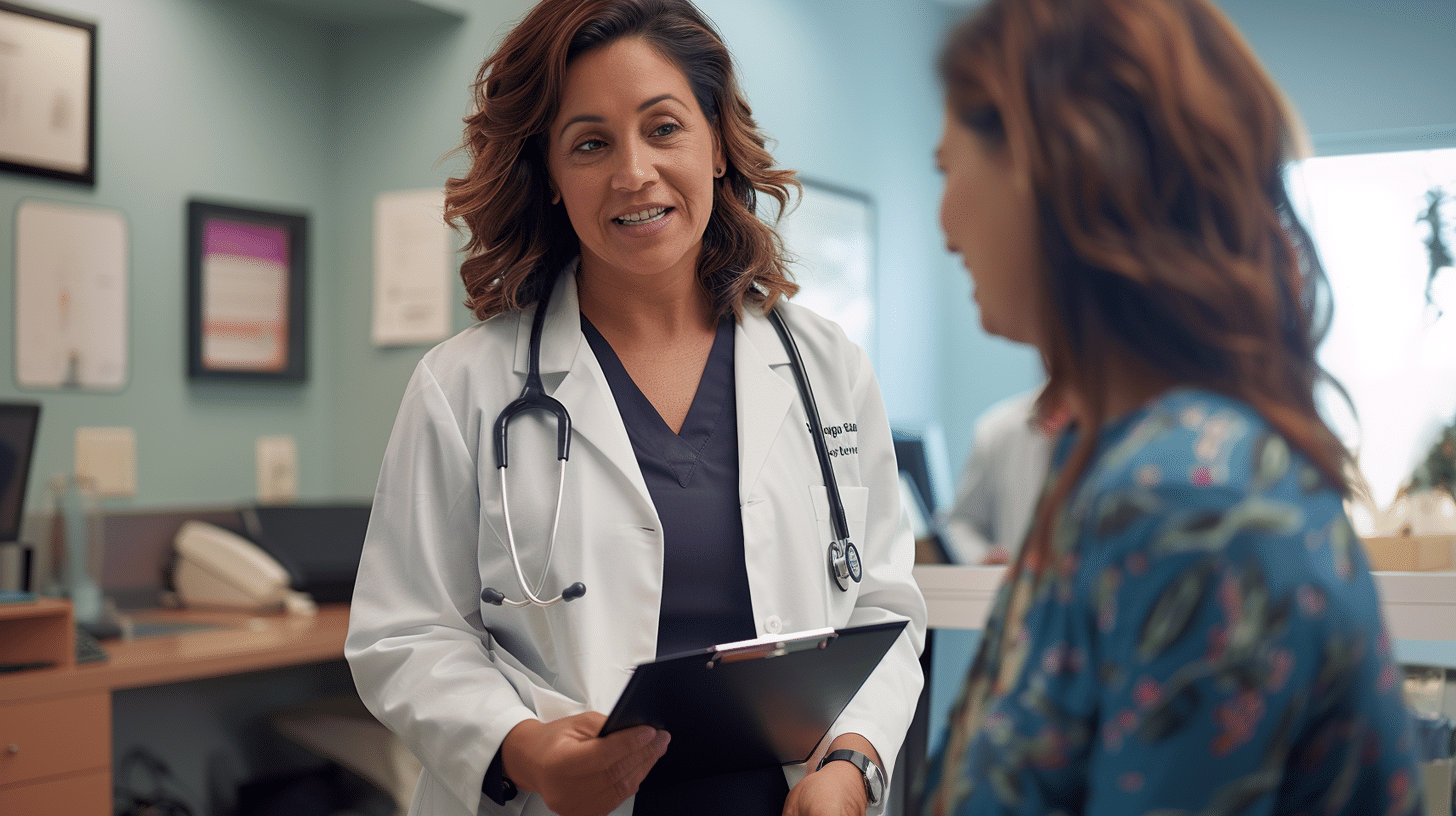 A doctor happily talking with her patient.