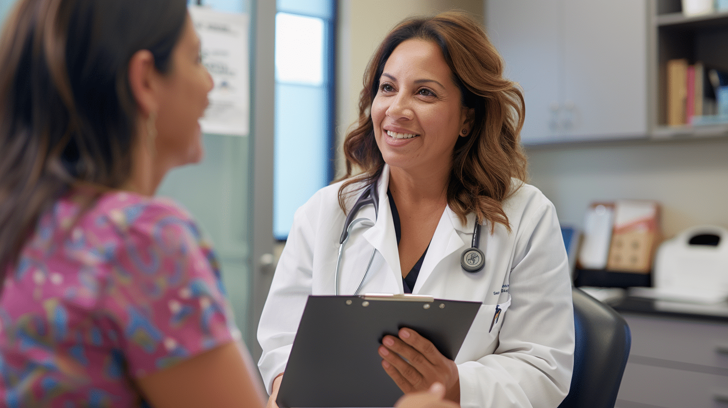 a weight loss doctor happily talking with a patient.