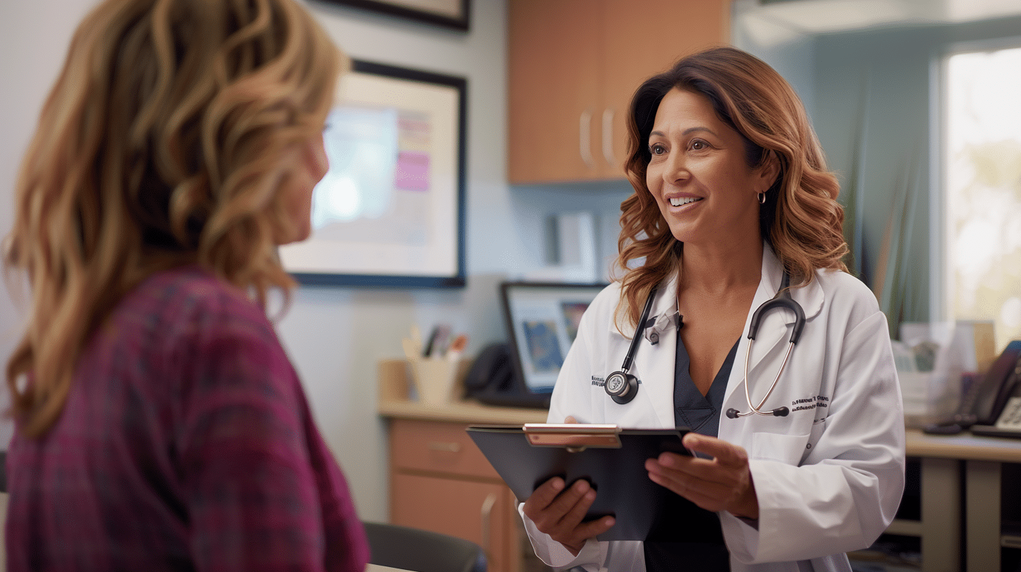 A doctor happily talks with patient about weight loss.