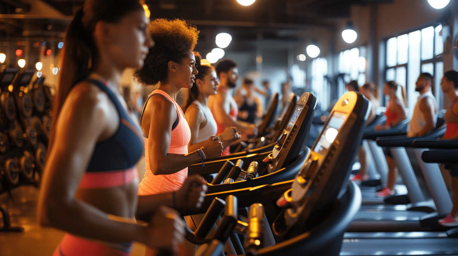 A busy gym packed with people busily doing a work out.