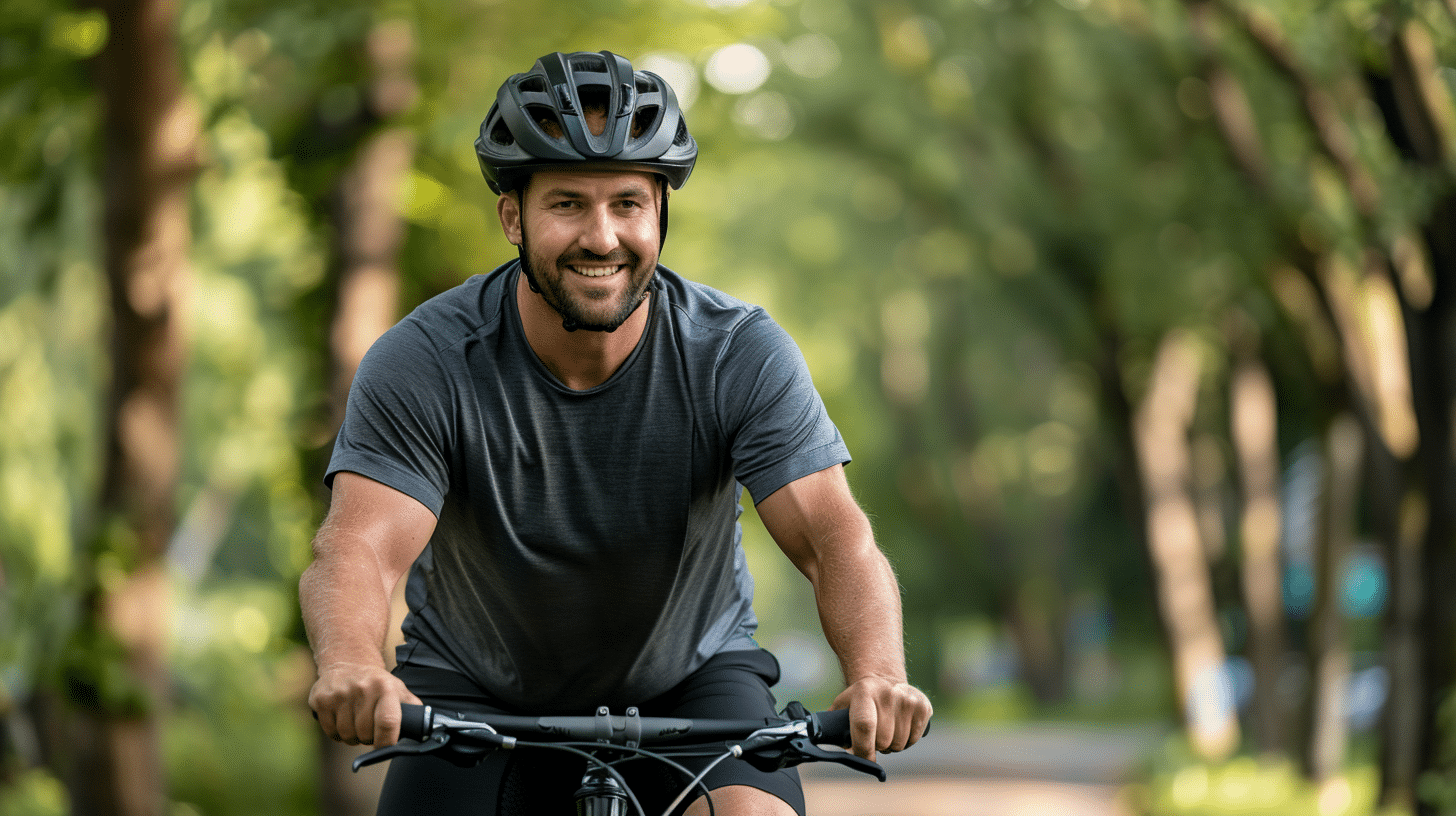 A man riding a bicycle on a park.