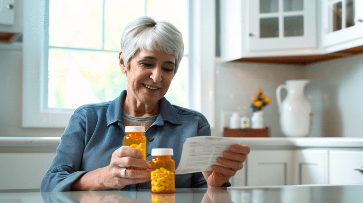 A smiling middle age woman reading a medication prescription.