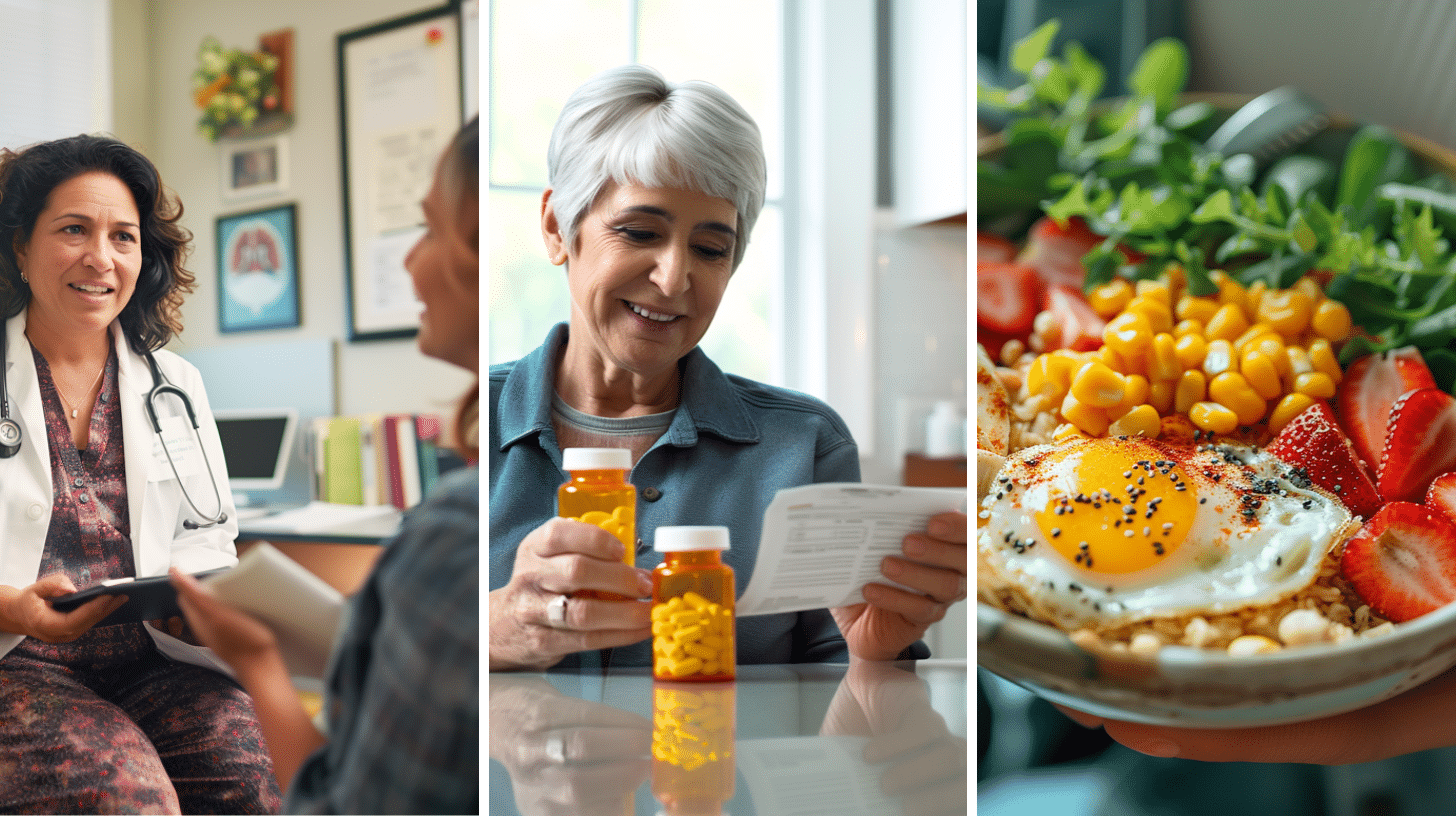 A doctor and a patient having a discussion, a smiling middle age woman reading a medication prescription, and a healthy meal.