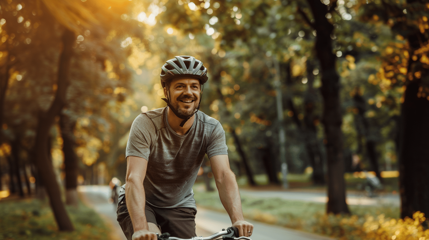 A man riding a bicycle on a park.