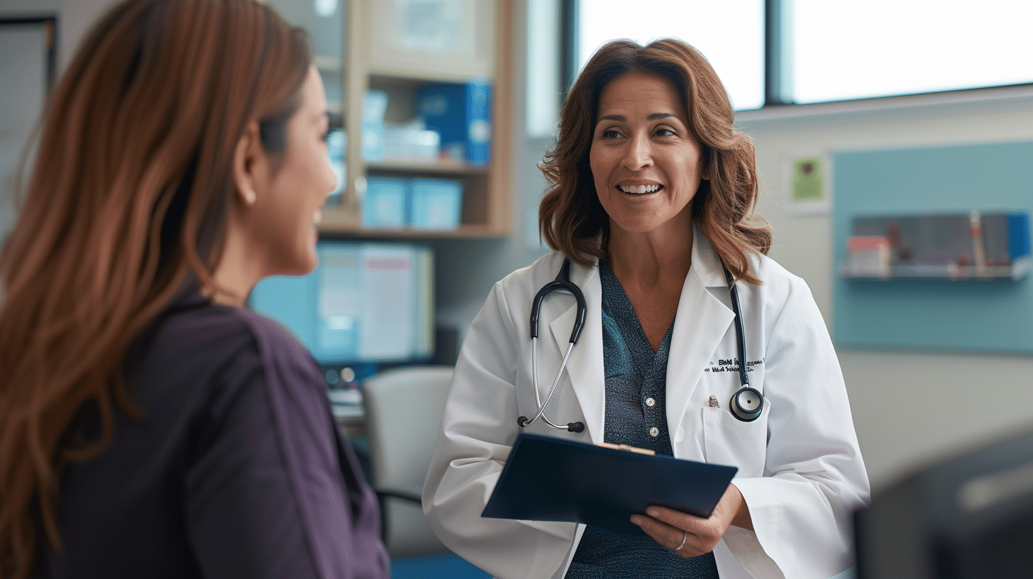 A doctor happily talking with her patient.