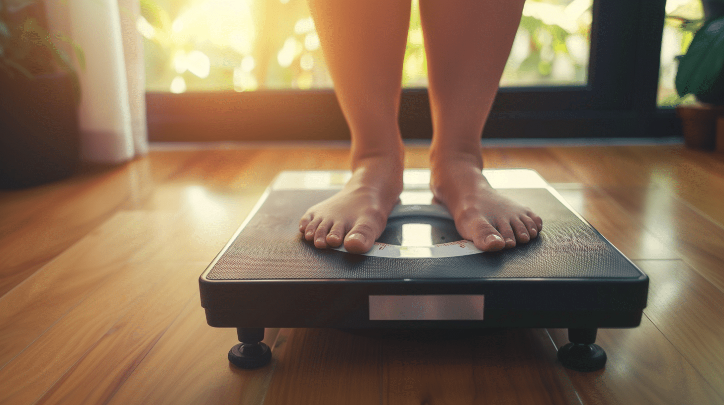 A woman standing in a weighing scale.