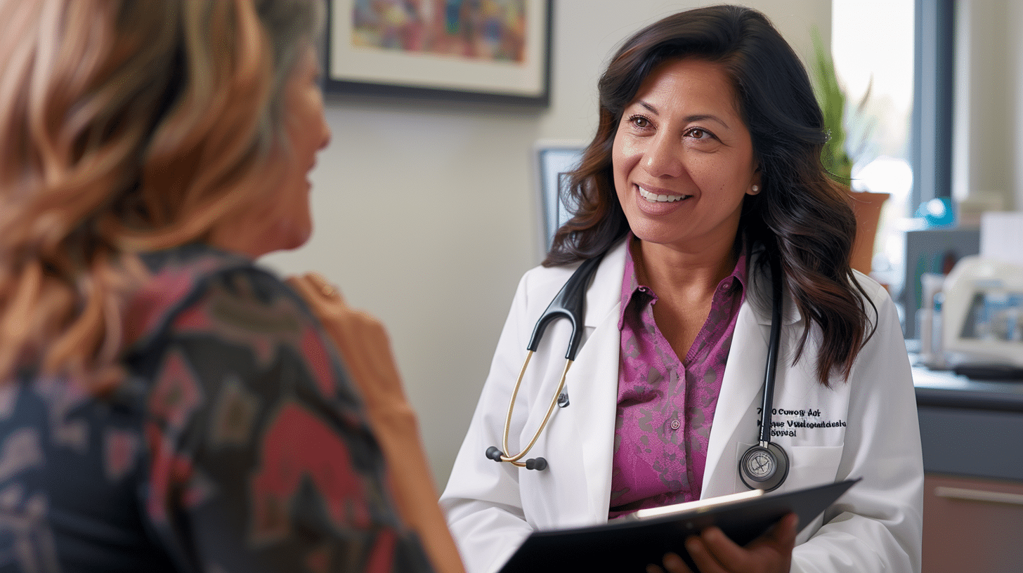 A doctor happily talks with a patient about weight loss management.