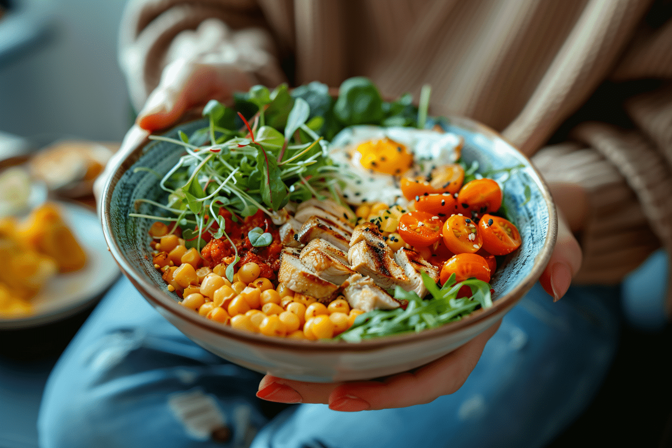 A woman holding a plate with healthy meal.