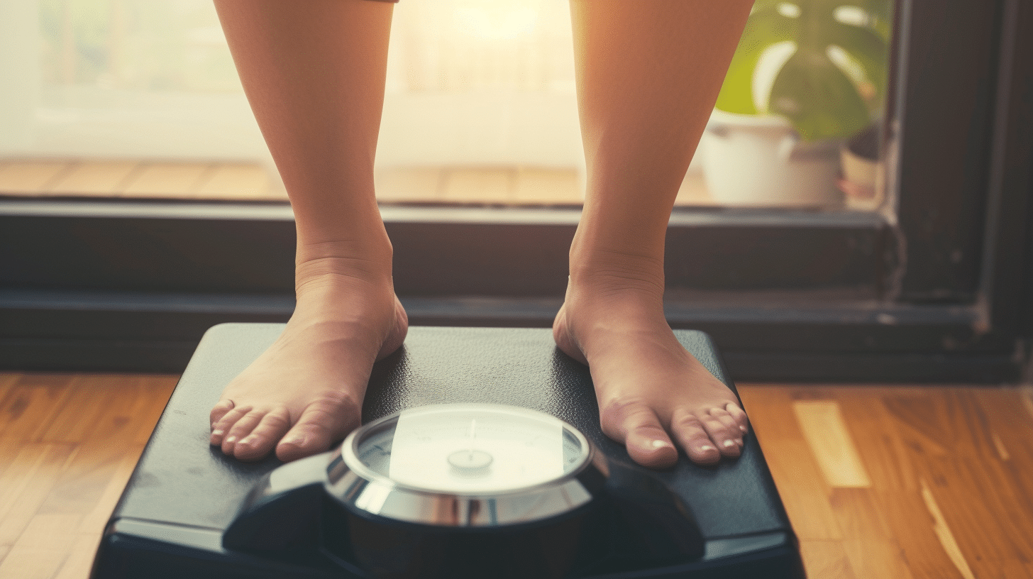 A woman standing in a weighing scale.