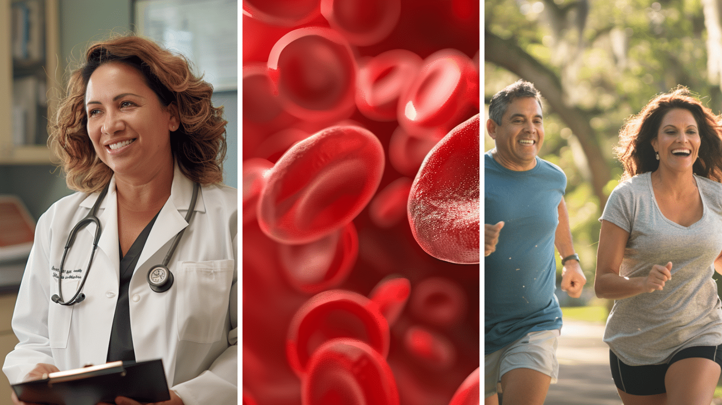 A weight loss doctor having a conversation with a patient, a 3D rendering of blood glucose in bloodstream, and a happy and healthy couple engaged in running exercise in the park.