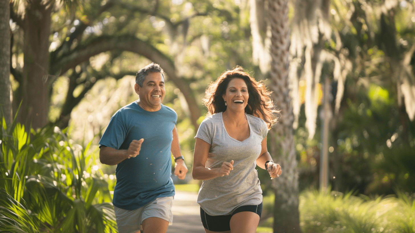 A happy and healthy couple engaged in running exercise in the park.