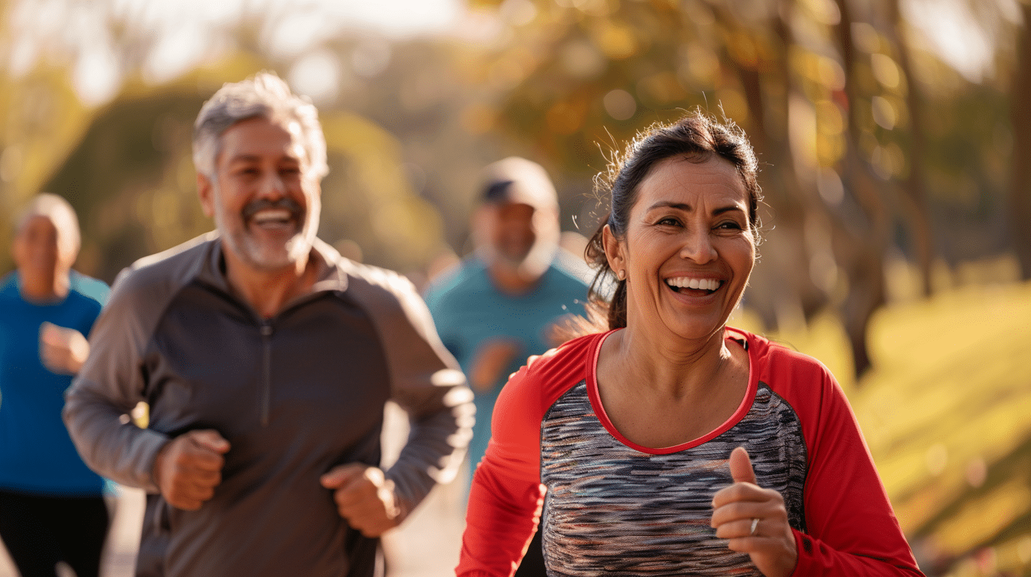 A group of people jogging in the park.