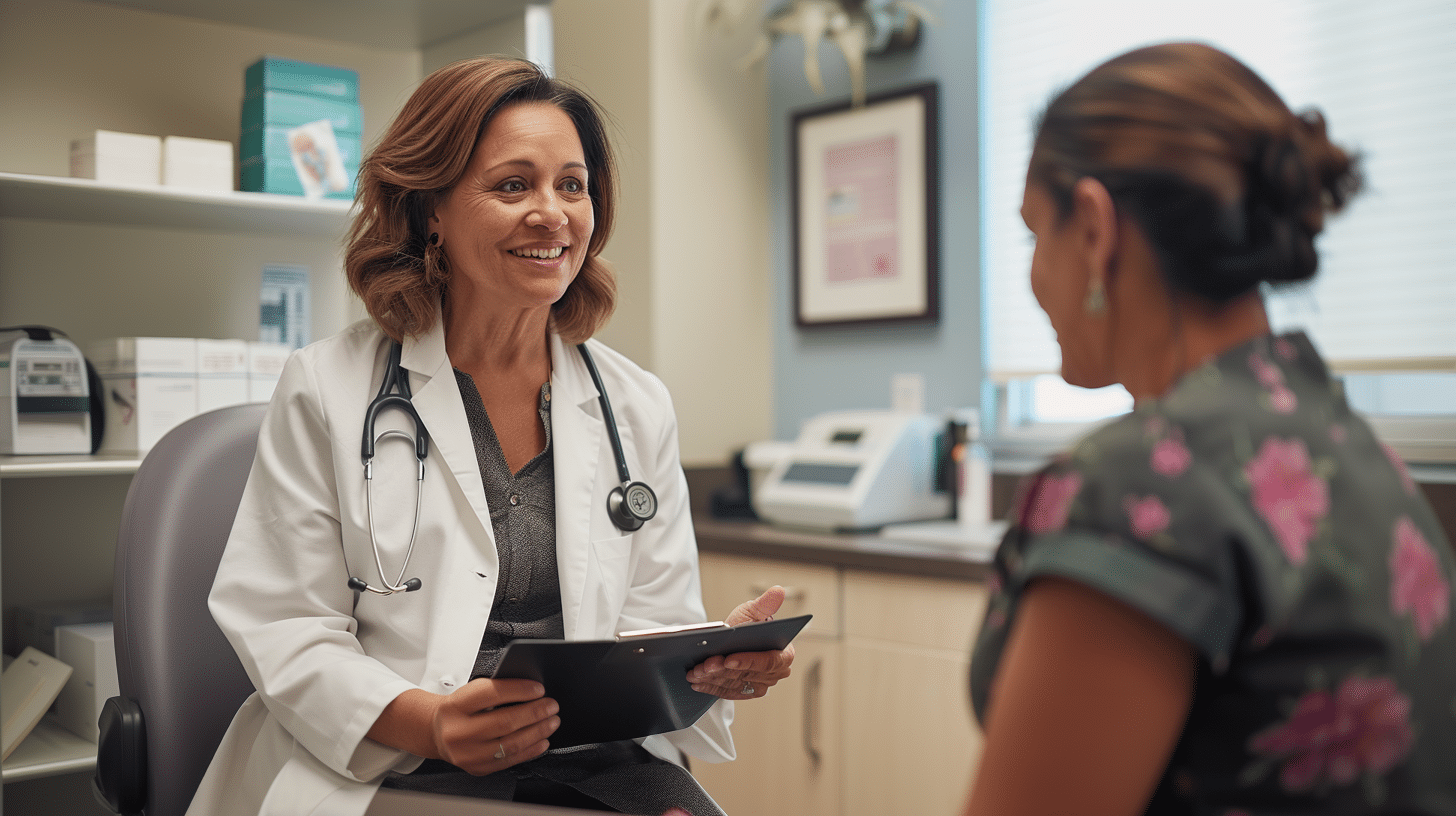 A doctor happily talking with her patient.