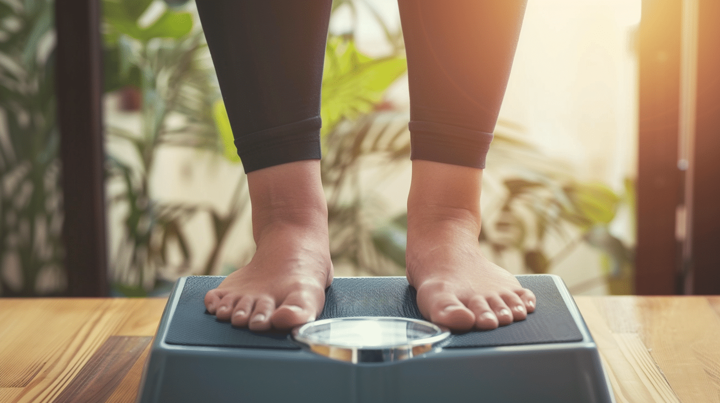 A woman standing on a weighing scale.