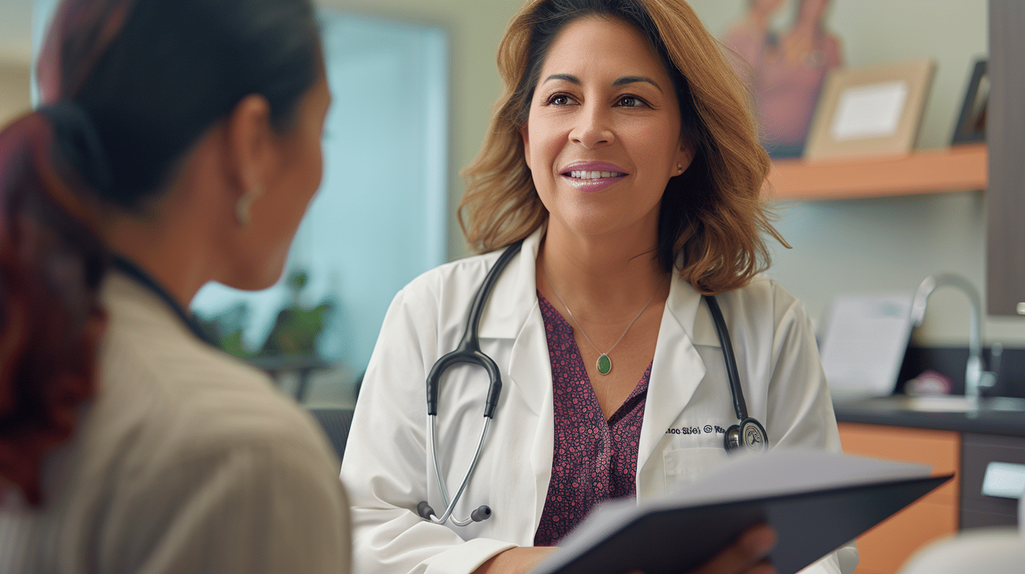 A doctor happily talking with her patient.