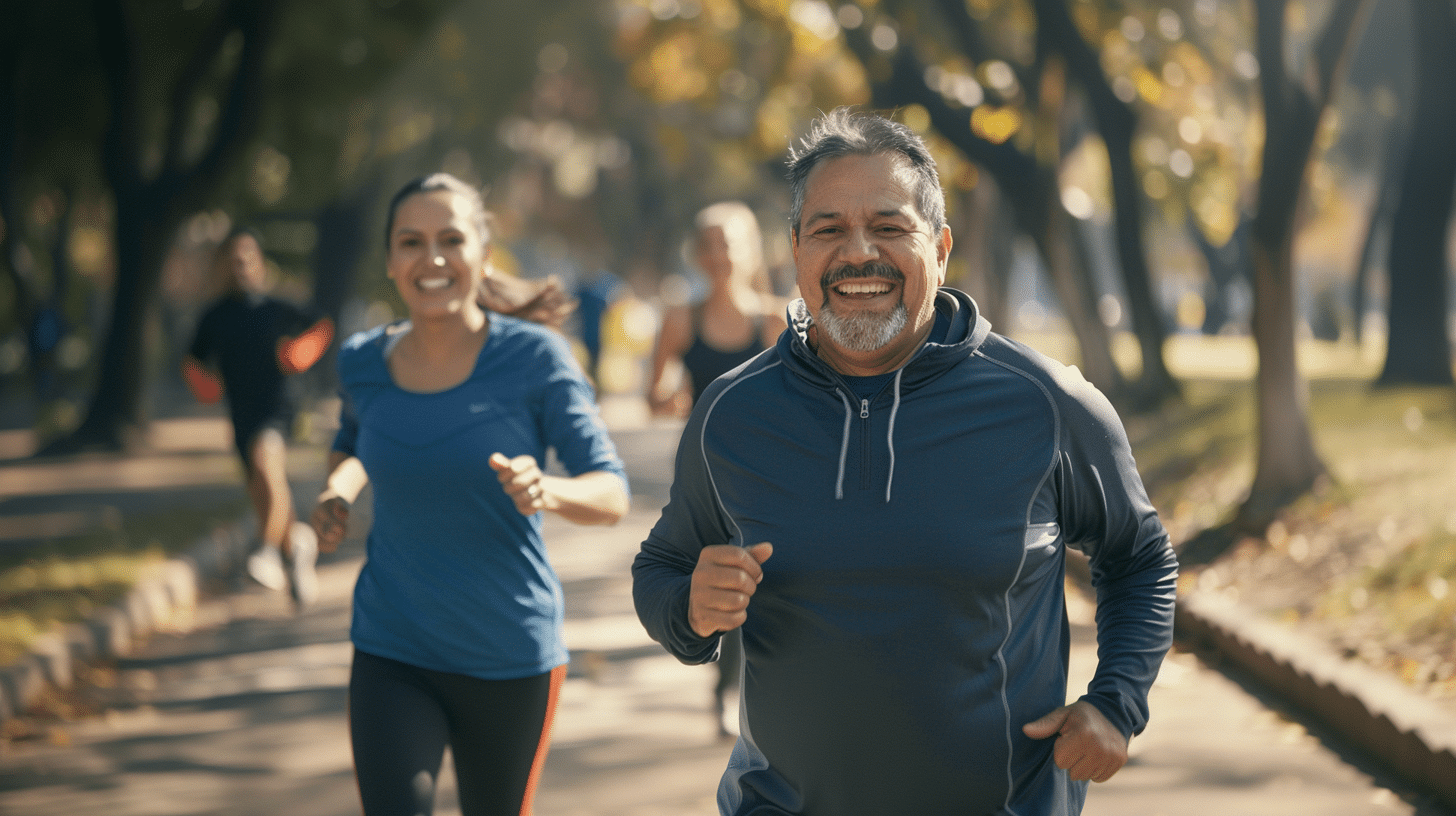 A group of people jogging in the park.