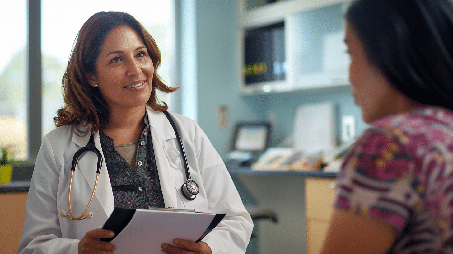 A doctor happily talking with her patient.