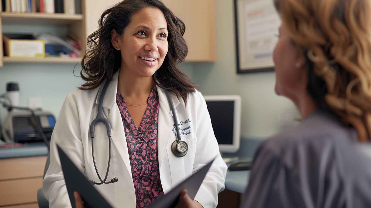 A doctor happily talking with her patient.