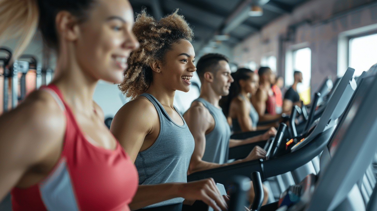 A busy gym packed with people busily doing a work out.