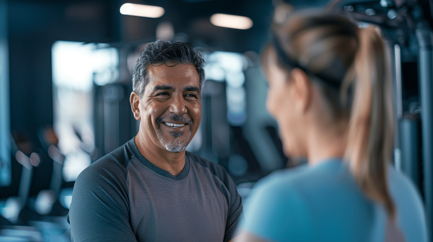 A Hispanic man talking with a fitness trainer.