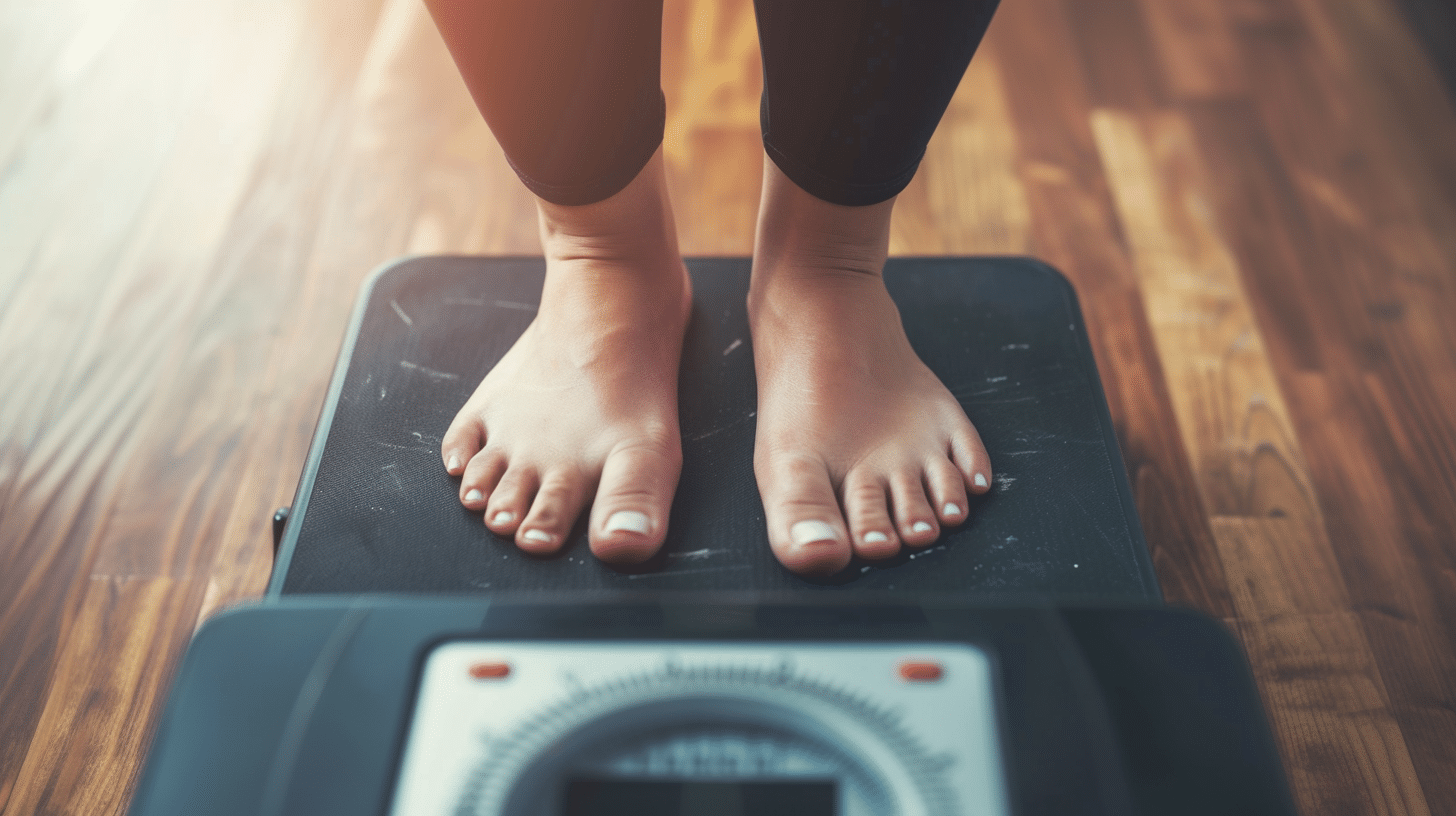 A woman standing on a weighing scale.