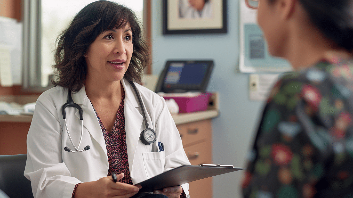 A doctor happily talking with her patient.