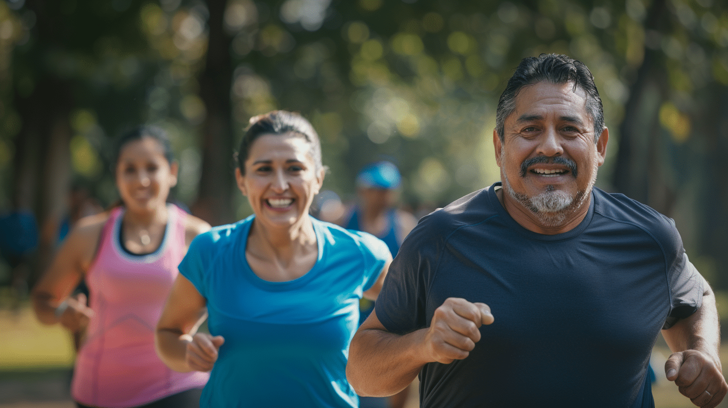 A group of people jogging in the park.