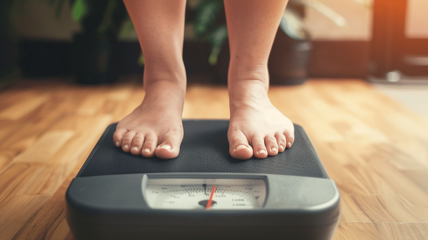 A woman standing on a weighing scale.