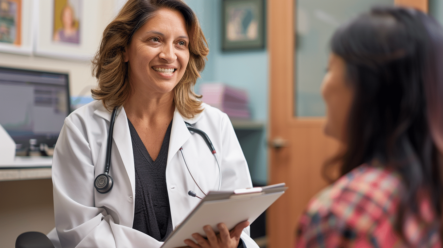 A doctor happily talking with her patient.