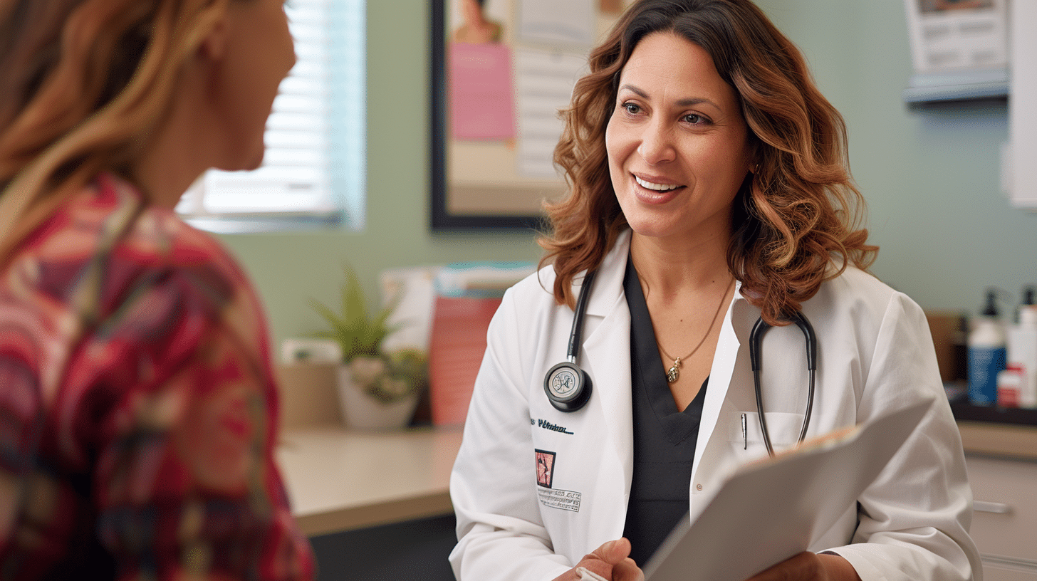 A doctor happily talking with her patient.