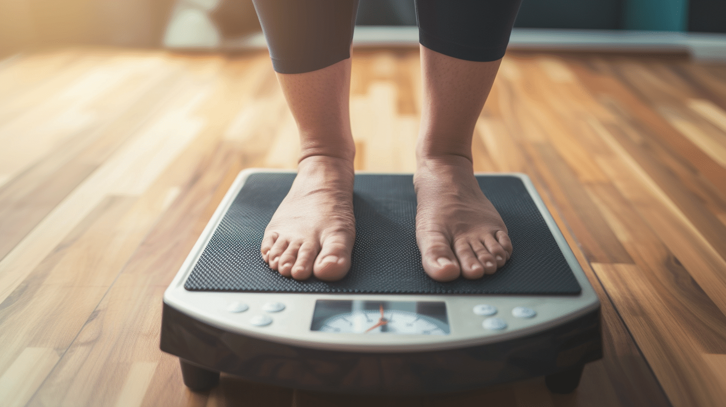 A woman standing on a weighing scale.