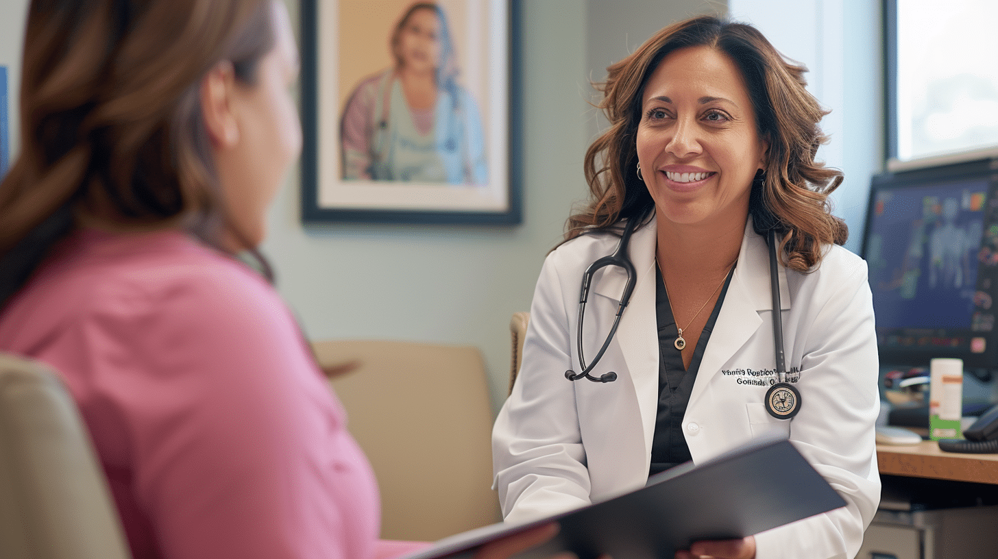 A doctor happily talking with her patient.