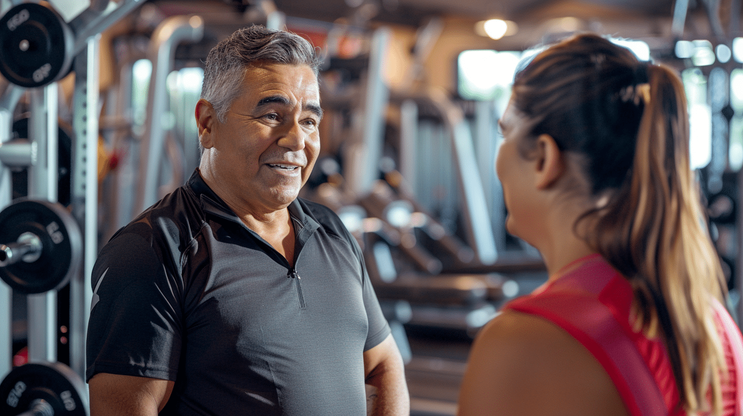 A Hispanic man talking with a fitness trainer.