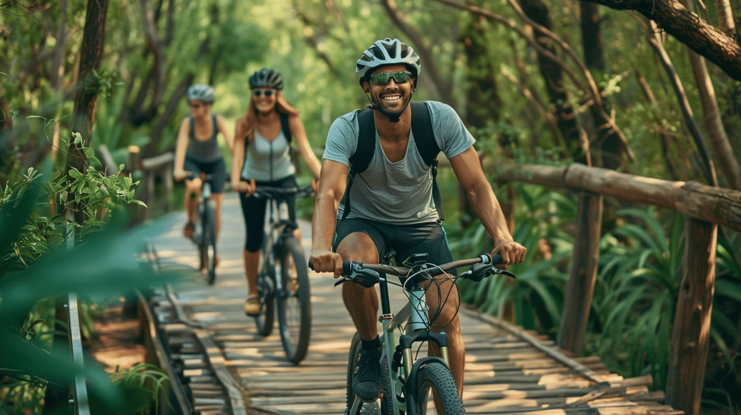 A man riding a bicycle on a park.