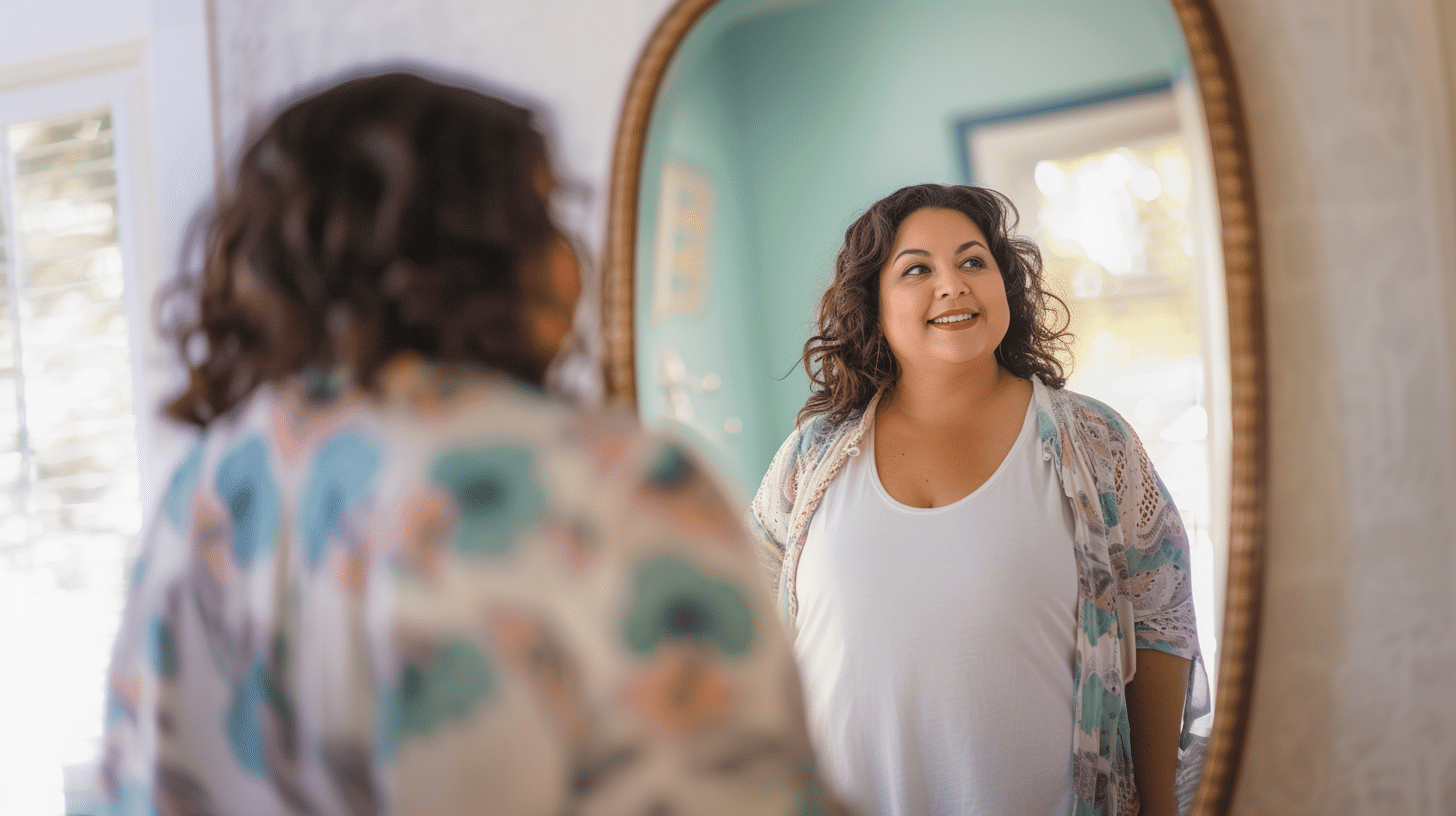 A woman standing in front of the mirror looking happy about her body.