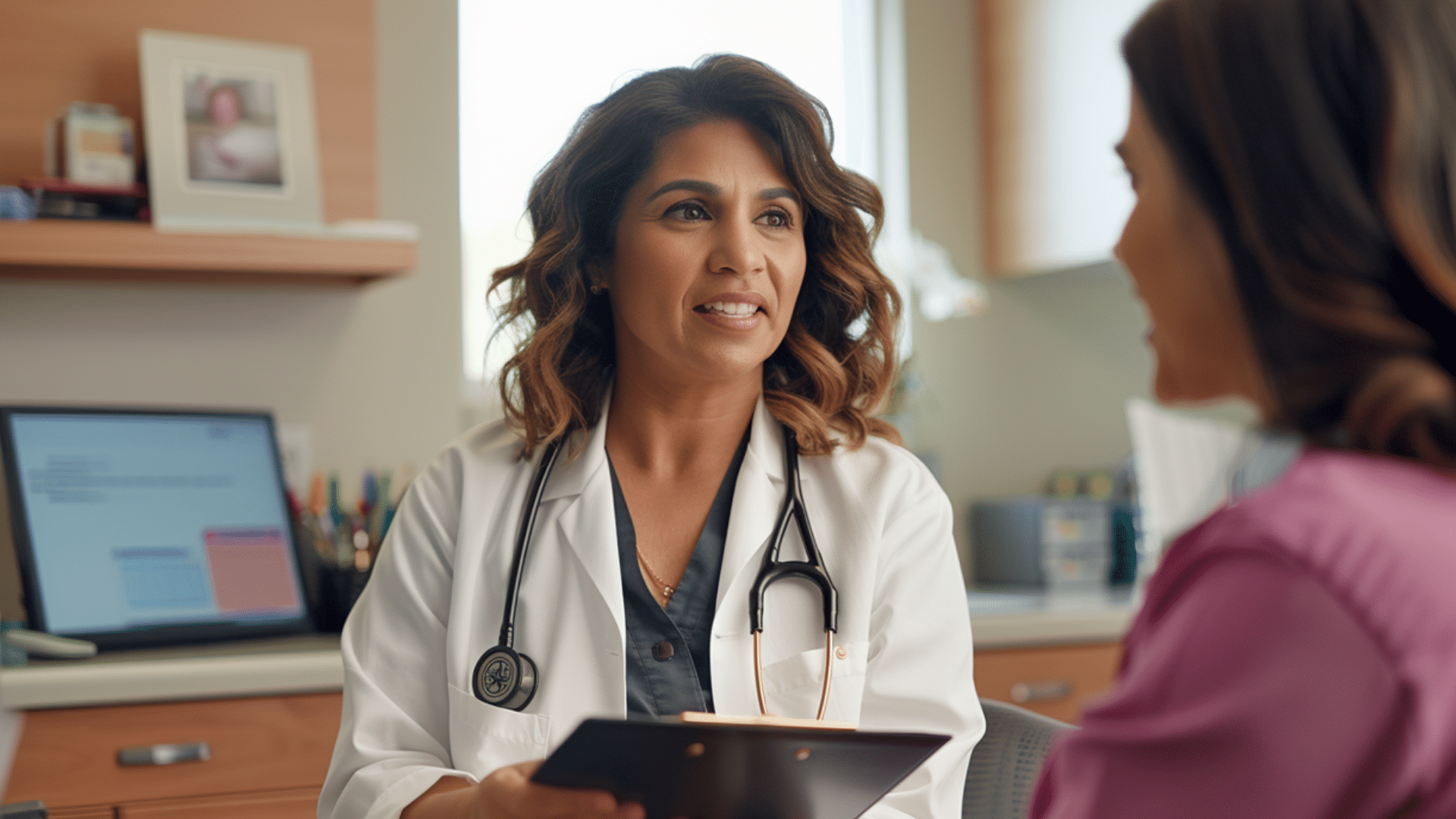 A doctor happily talking with her patient.