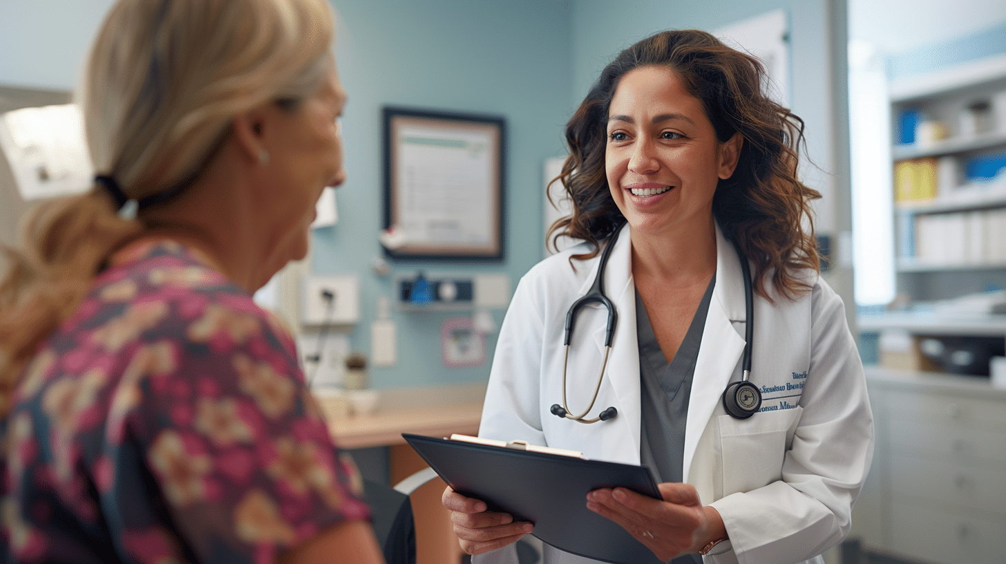 A doctor happily talking with her patient.